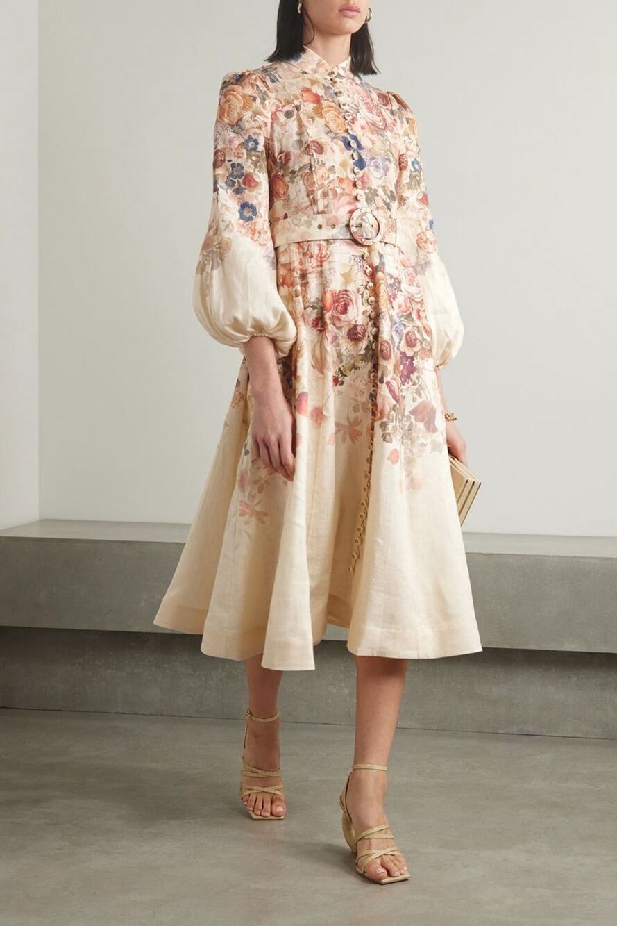 Zimmermann Floral Linen Midi Dress Size 0 Petite Balloon Sleeve